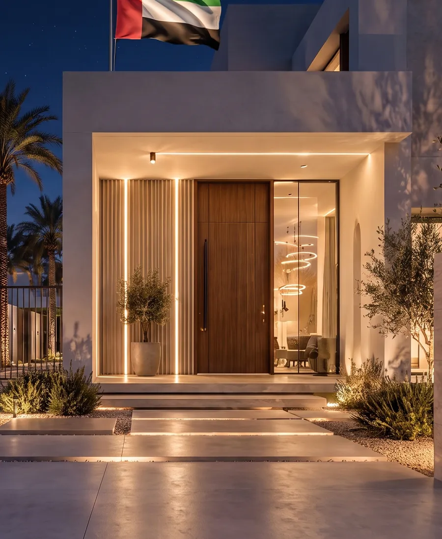 The same villa entrance at night, beautifully lit and maintained